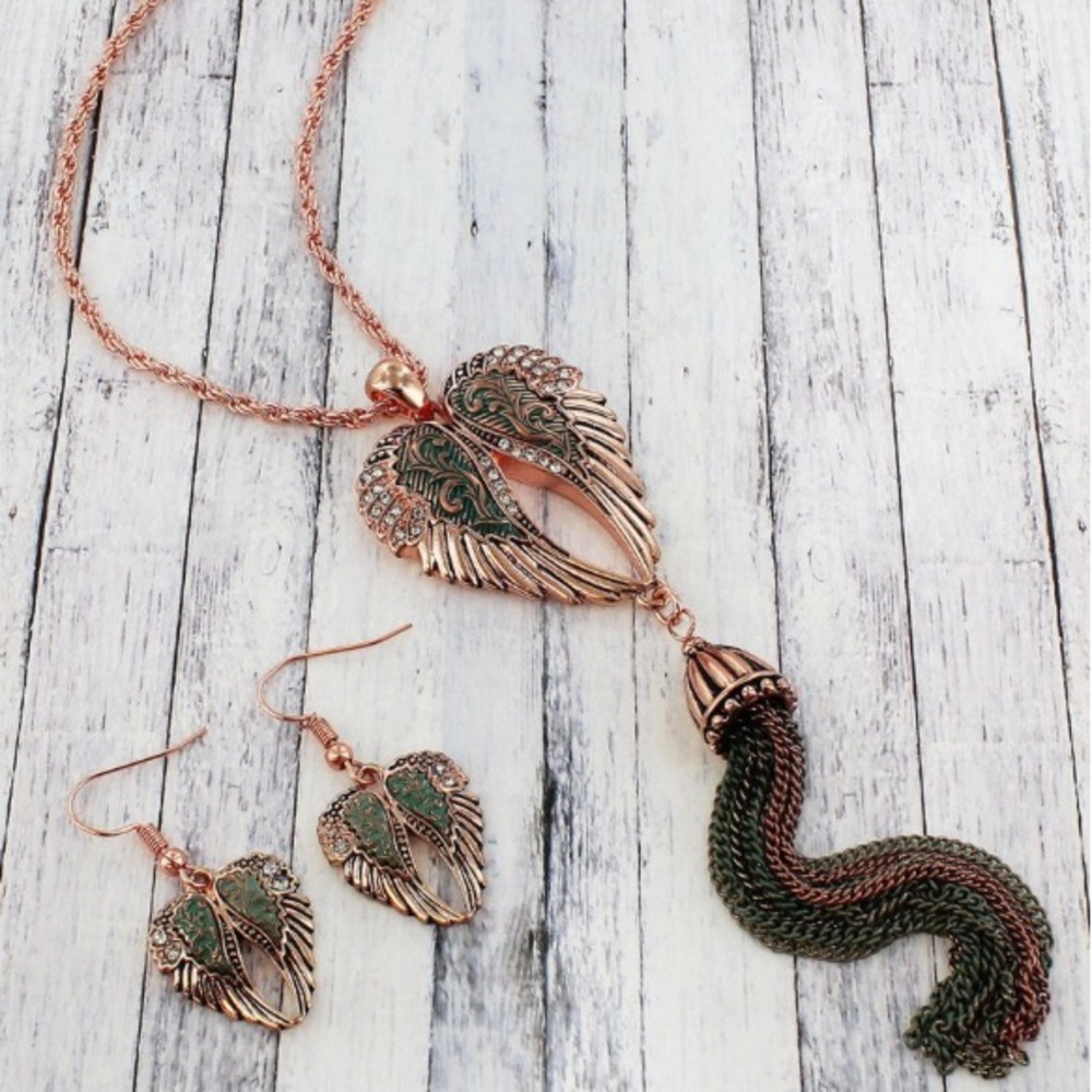 Coopertone Patina Crystal Tassel Heart Wing Set